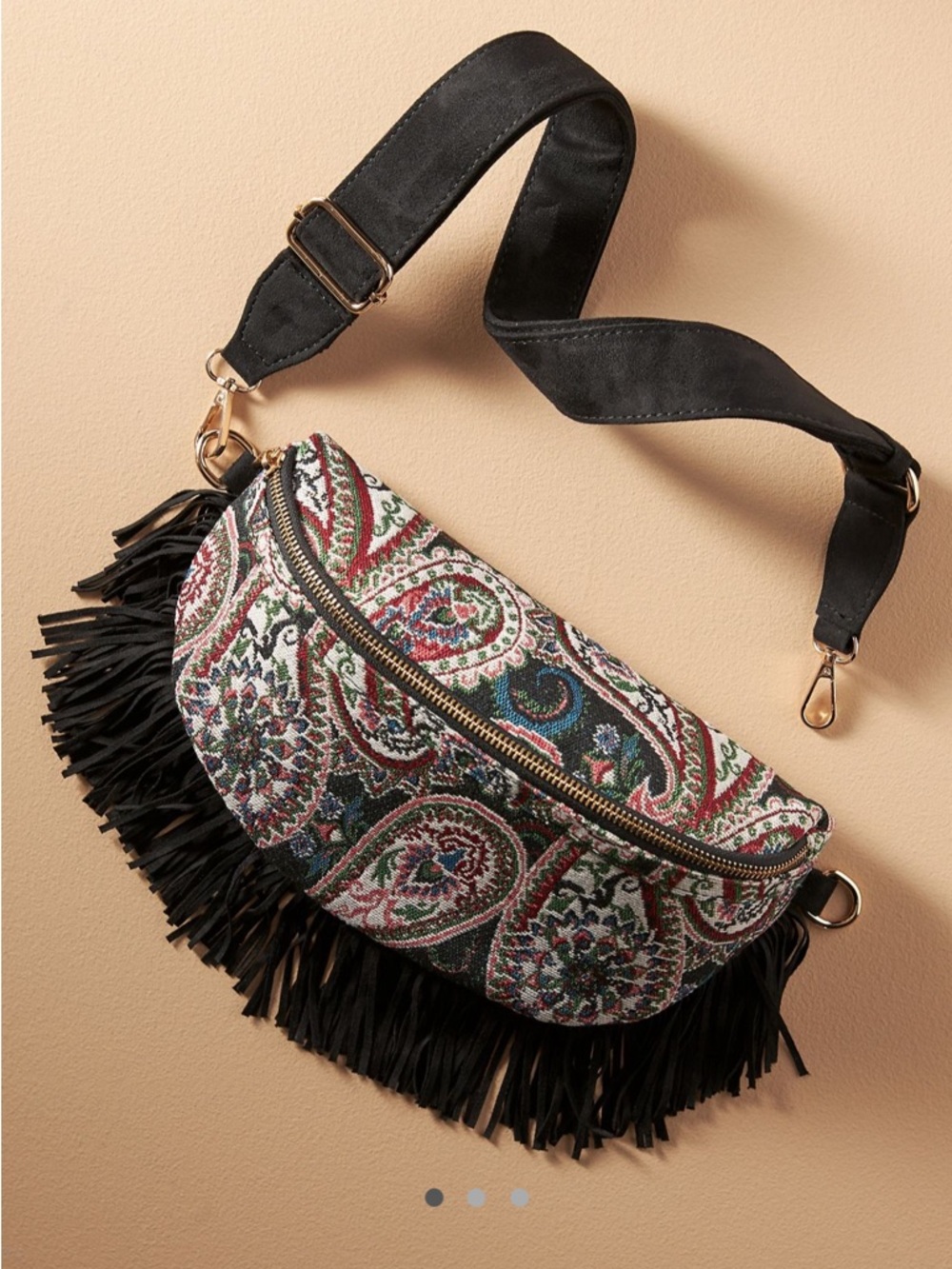 NWT Crescent Fringe Sling Bag - Paisley Tapestry Pattern with Black Fringe